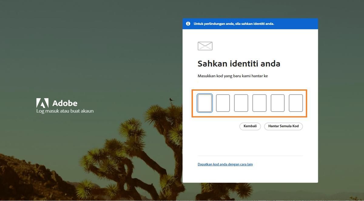 Medan untuk memasukkan kod pengesahan, tersedia dalam tetingkap Sahkan identiti anda pada halaman daftar masuk, membolehkan anda memasukkan kod anda dan mengesahkan identiti anda.