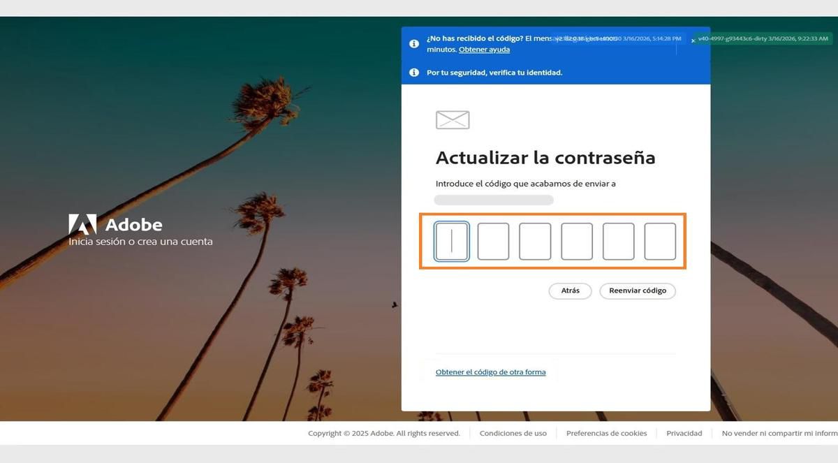 El campo para introducir un código de verificación, disponible en la ventana Verificar su identidad en la Página de inicio de sesión, le permite introducir su código y verificar su identidad.