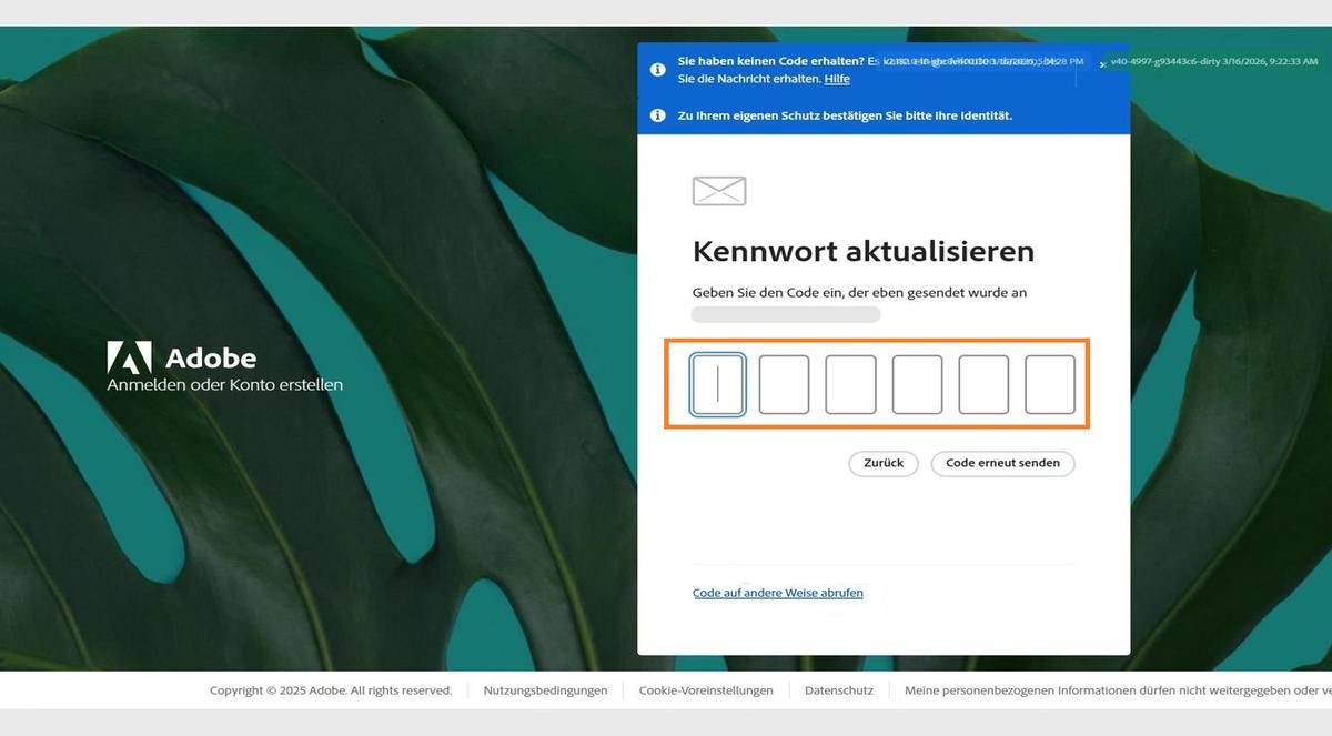 Das Feld zur Eingabe eines Bestätigungscodes, verfügbar im Fenster „Identität bestätigen" auf der Anmelden-Seite, ermöglicht es dir, deinen Code einzugeben und deine Identität zu bestätigen.