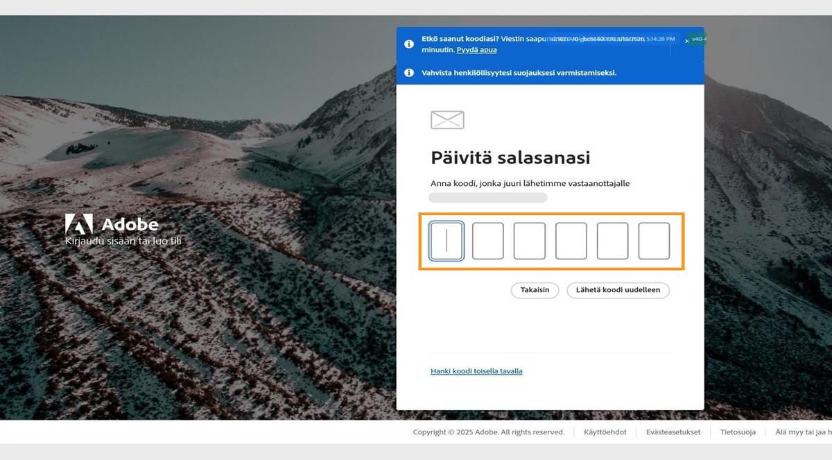 Vahvistuskoodin syöttökenttä, joka on saatavilla Vahvista henkilöllisyytesi -ikkunassa sisäänkirjautumissivulla, mahdollistaa koodin syöttämisen ja henkilöllisyyden vahvistamisen.