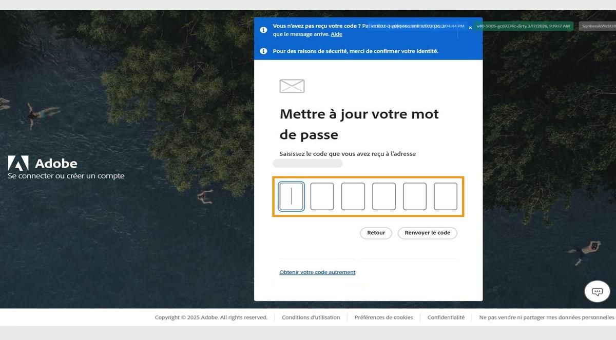 Le champ permettant de saisir un code de vérification, disponible dans la fenêtre Vérification de votre identité sur la page de connexion, vous permet de saisir votre code et de vérifier votre identité.