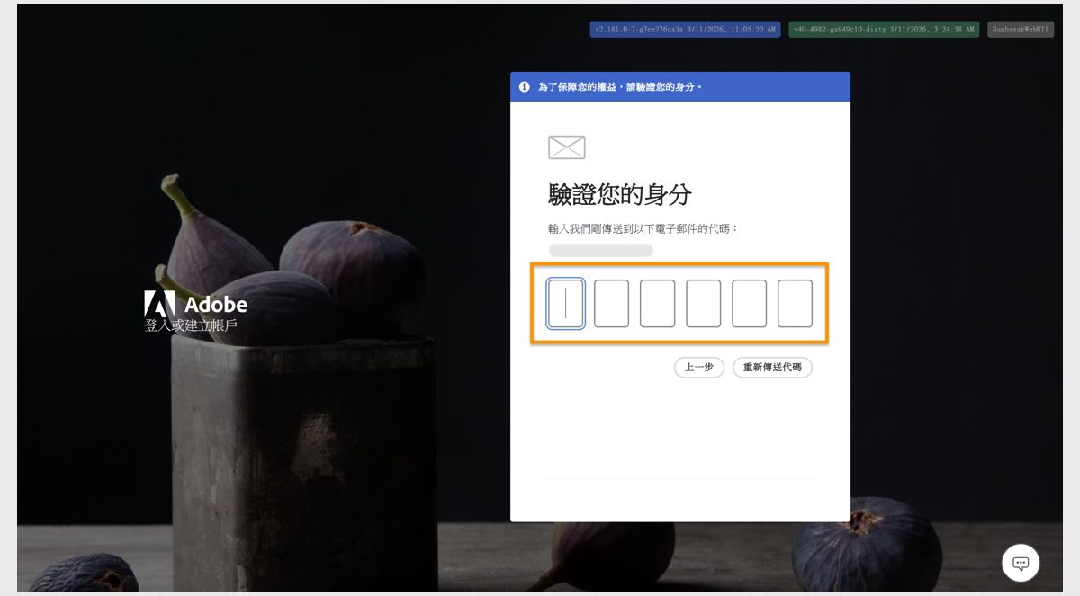 輸入驗證碼的欄位位於登入頁面的「驗證您的身分」視窗中，讓您輸入驗證碼並驗證您的身分。