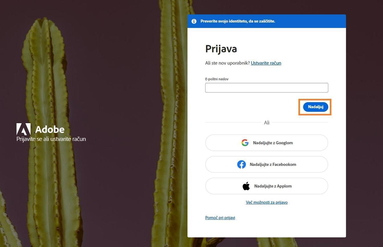 Polje za vnos e-poštnega naslova na desnem delu strani za prijavo omogoča vnos e-poštnega naslova in prijavo v račun. 