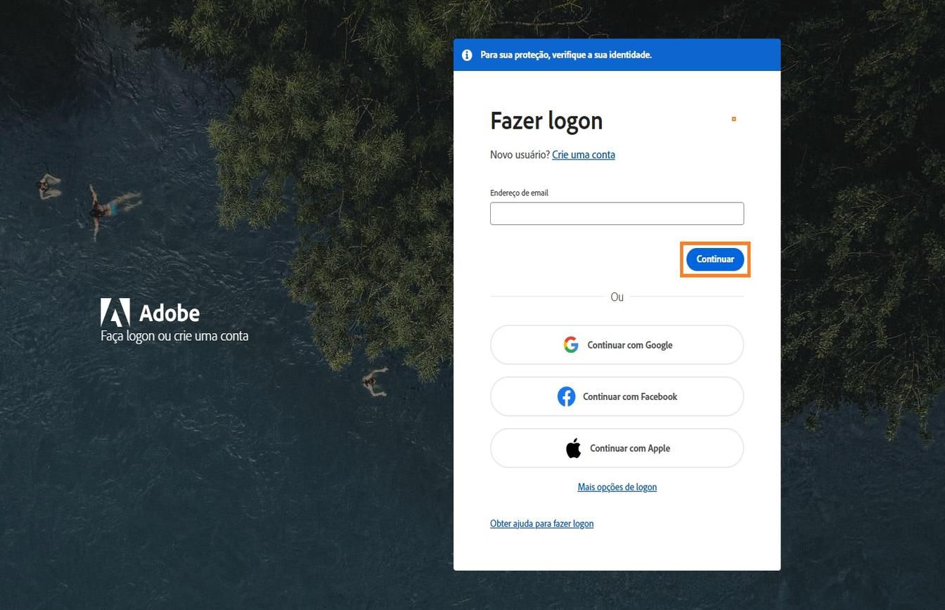 O campo para inserir um endereço de email, disponível no lado direito da página de logon, permite digitar o endereço de email e fazer logon na conta.