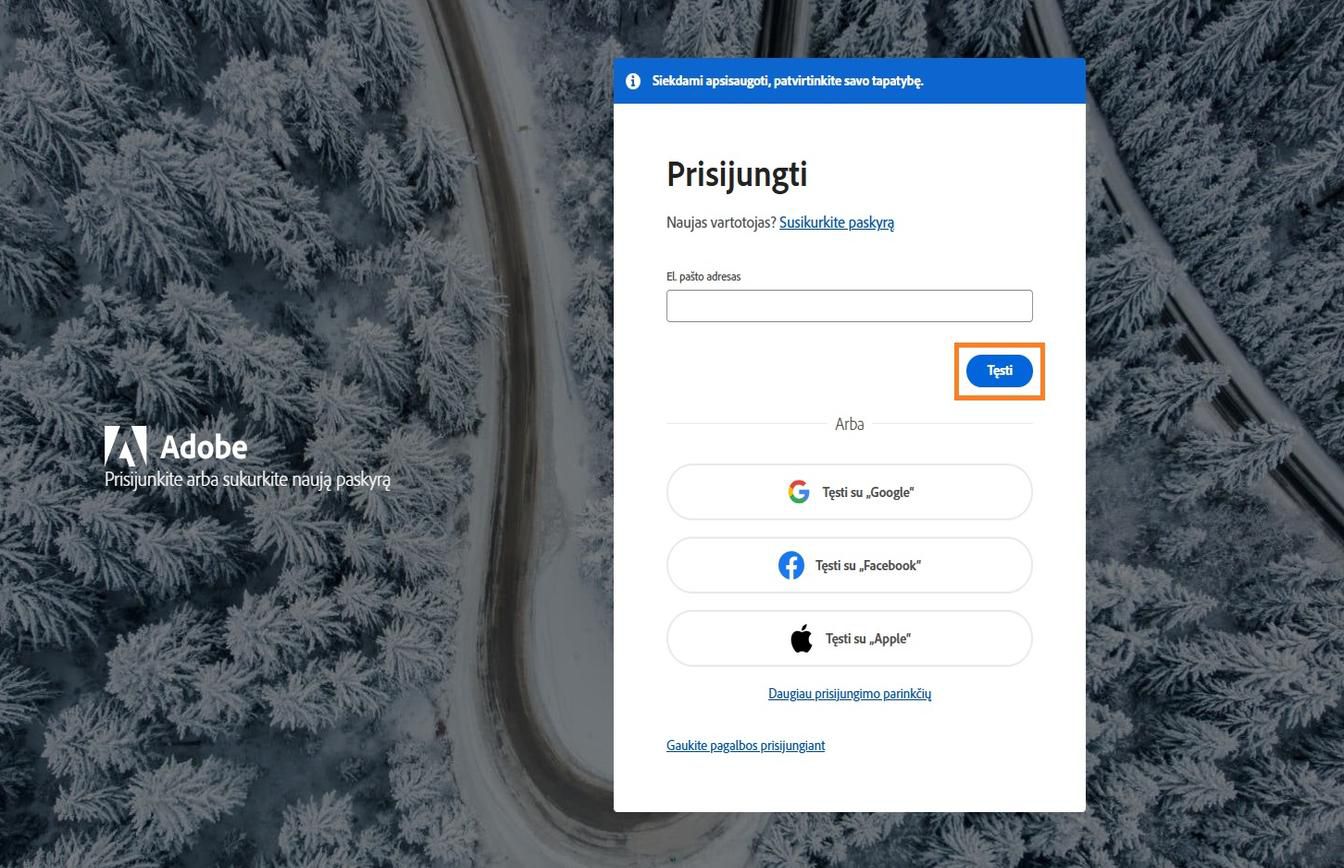 Laukas el. pašto adreso įvedimui, esantis dešinėje prisijungimo puslapio pusėje, leidžia įvesti el. pašto adresą ir prisijungti prie paskyros.