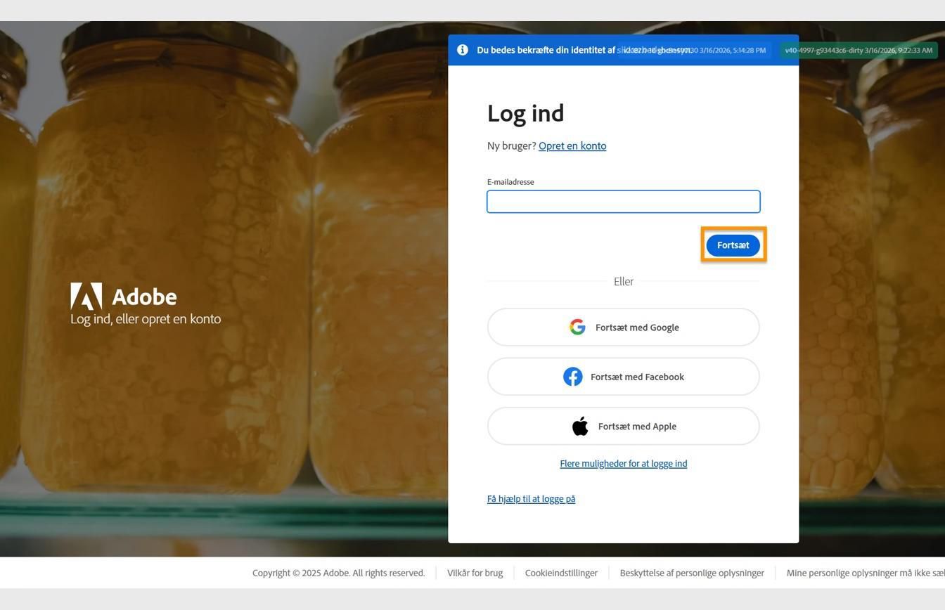Adobe login-siden, der indeholder feltet til at indtaste e-mailadressen og den fremhævede knap Fortsæt.