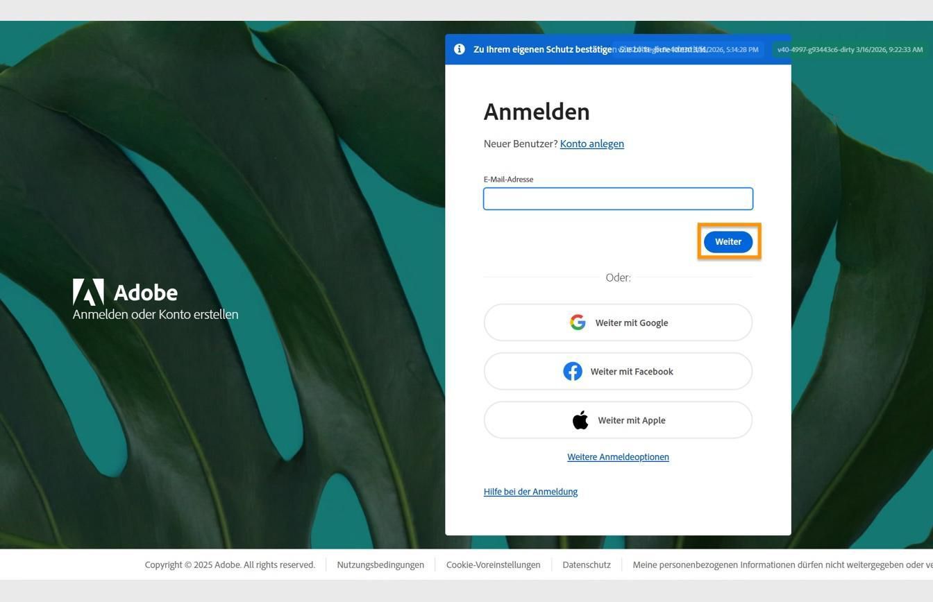 Die Adobe-Anmeldeseite mit dem Feld zur Eingabe der E-Mail-Adresse und der hervorgehobenen Schaltfläche „Weiter".
