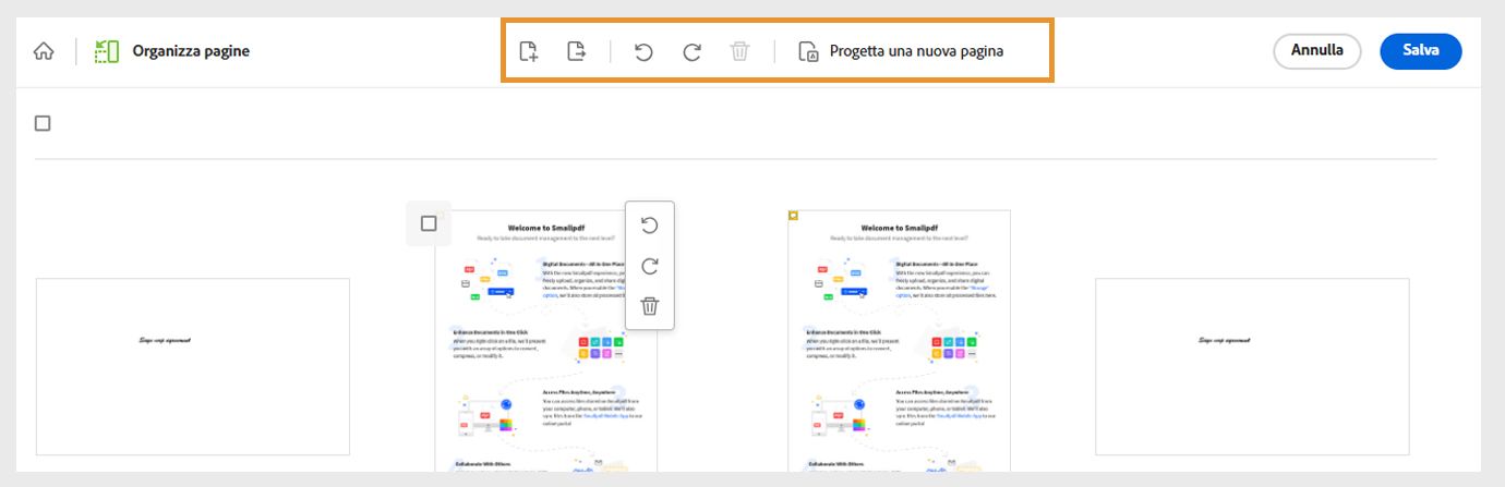 Il file viene aperto con le pagine visualizzate come miniature. Il menu in alto mostra gli strumenti per aggiungere, estrarre, ruotare o eliminare pagine. È anche visualizzato uno strumento per progettare una nuova pagina.