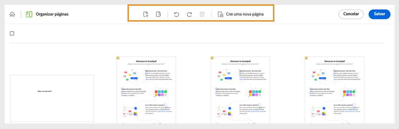O arquivo é aberto com as páginas como miniaturas. O menu superior exibe ferramentas para adicionar, extrair, girar ou excluir páginas. Ele também mostra uma ferramenta para criar uma nova página.