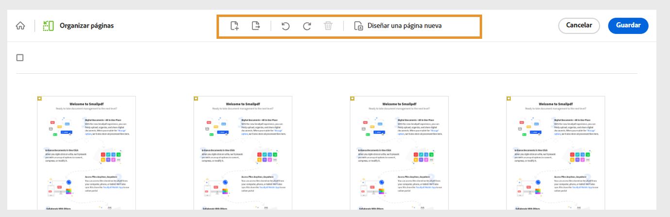 El archivo se abre con sus páginas en miniatura. El menú superior muestra herramientas para añadir, extraer, girar o eliminar páginas. También muestra una herramienta para diseñar una nueva página.