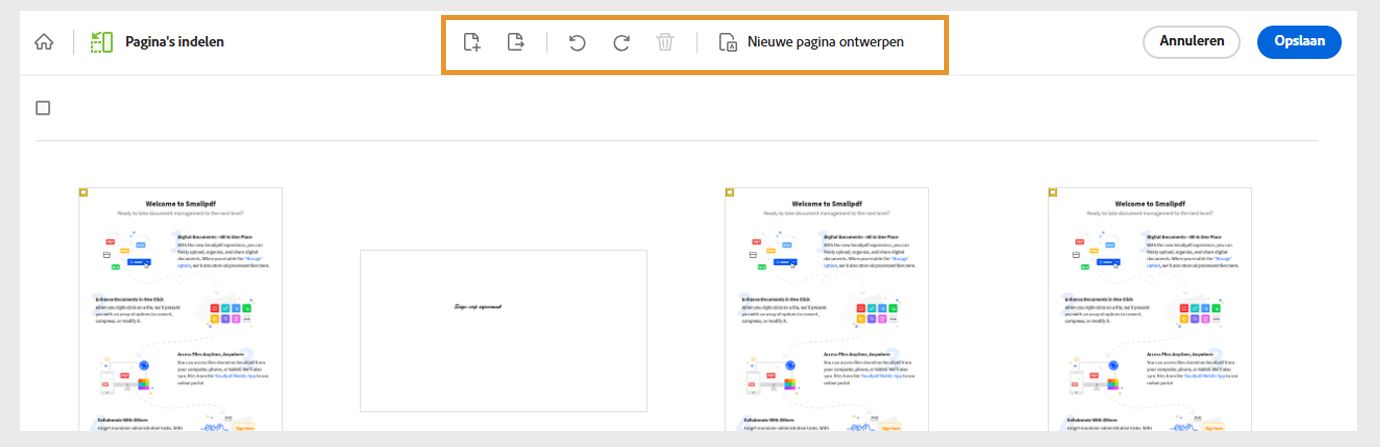 Het bestand wordt geopend met de pagina's als miniatuurweergaven. Het bovenste menu toont tools om pagina's toe te voegen, te extraheren, te roteren of te verwijderen. Er wordt ook een tool getoond om een nieuwe pagina te ontwerpen.