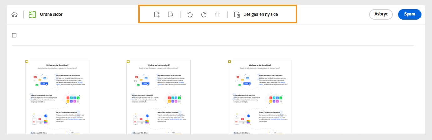 Filen öppnas med sina sidor som miniatyrbilder. Den översta menyn visar verktyg för att lägga till, extrahera, rotera eller ta bort sidor. Den visar också ett verktyg för att designa en ny sida.