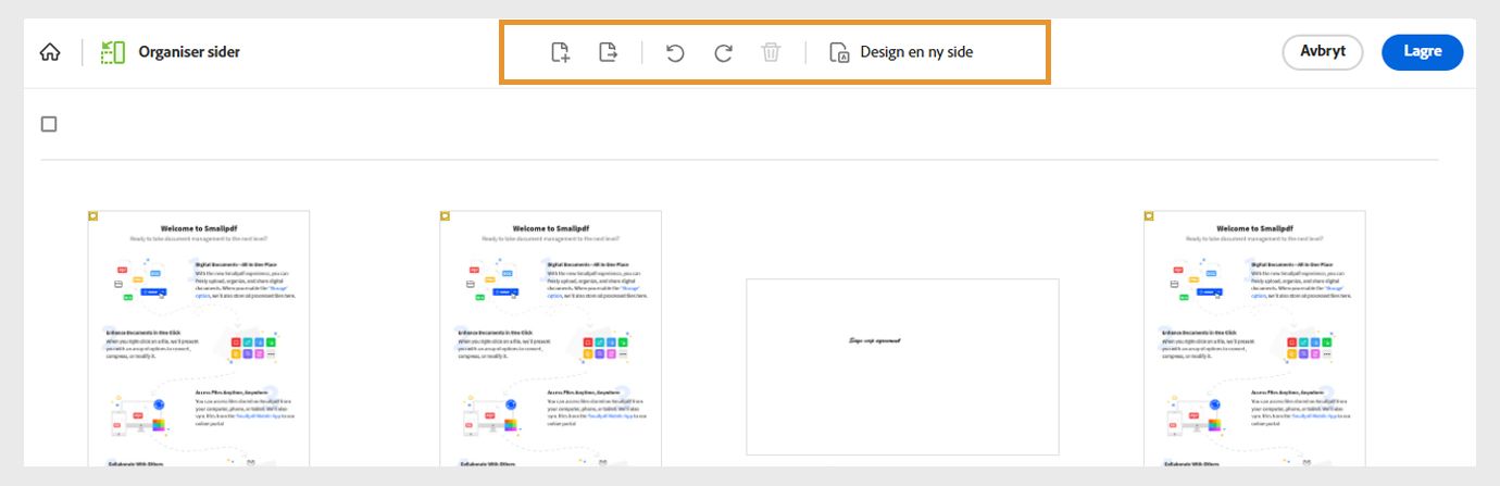 Filen åpnes med sidene som miniatyrbilder. Den øverste menyen viser verktøy for å legge til, trekke ut, rotere eller slette sider. Den viser også et verktøy for å designe en ny side.