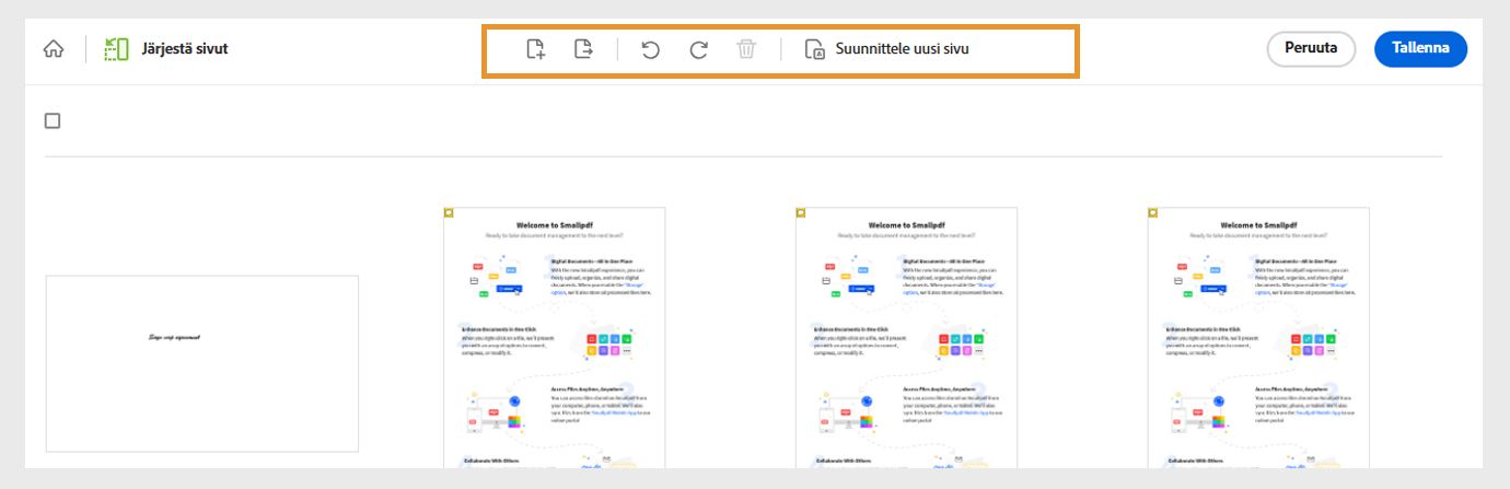 Tiedosto avautuu sivuineen pikkukuvina. Ylävalikossa näkyvät työkalut sivujen lisäämiseen, erottamiseen, kiertämiseen tai poistamiseen. Se näyttää myös työkalun uuden sivun suunnitteluun.
