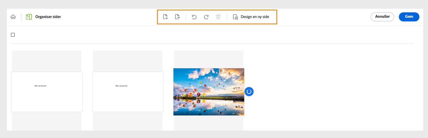 Filen åbnes med siderne som miniaturebilleder. Den øverste menu viser værktøjer til at tilføje, udtrække, rotere eller slette sider. Den viser også et værktøj til at designe en ny side.