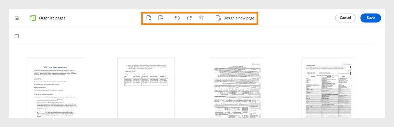 Nagbubukas ang file na may mga pahina bilang mga thumbnail. Nagpapakita ang itaas na menu ng mga tool para magdagdag, mag-extract, i-rotate, o mag-delete ng mga pahina. Nagpapakita rin ito ng tool para magdisenyo ng bagong pahina.