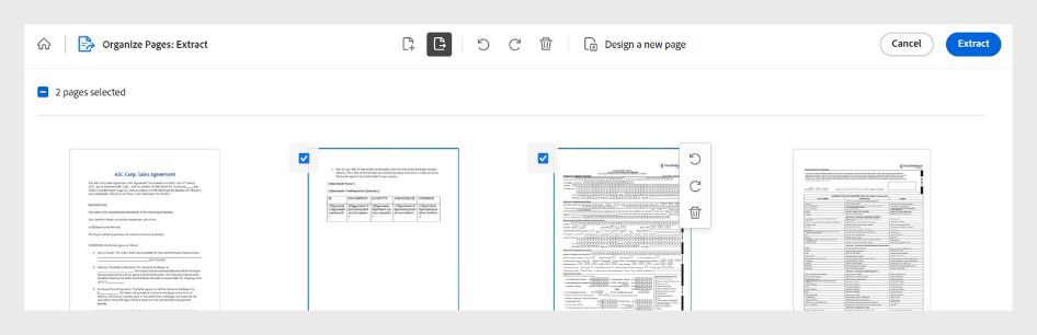 Lumalabas ang mga pahina ng file bilang mga thumbnail. Ang mga pahinang pipiliin mo para sa pag-extract ay nagpapakita ng asul na checkbox.