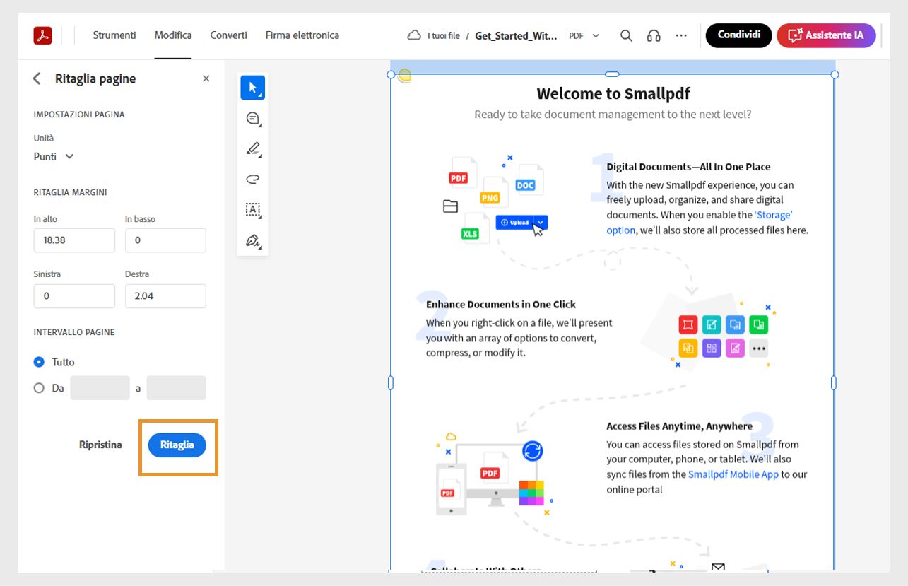 Le pagine dei file vengono visualizzate con le maniglie di ritaglio e gli strumenti di ritaglio nel pannello a sinistra. Il pulsante Ritaglia è evidenziato.