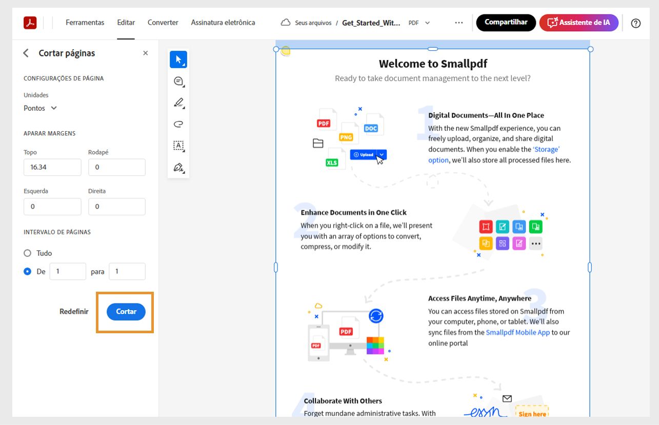 As páginas do arquivo aparecem com alças de corte e ferramentas de corte no painel esquerdo. O botão Cortar está em destaque.
