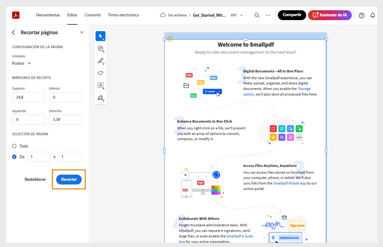 Las páginas de archivo aparecen con tiradores de recorte y herramientas de recorte en el panel izquierdo. El botón Recortar está resaltado.