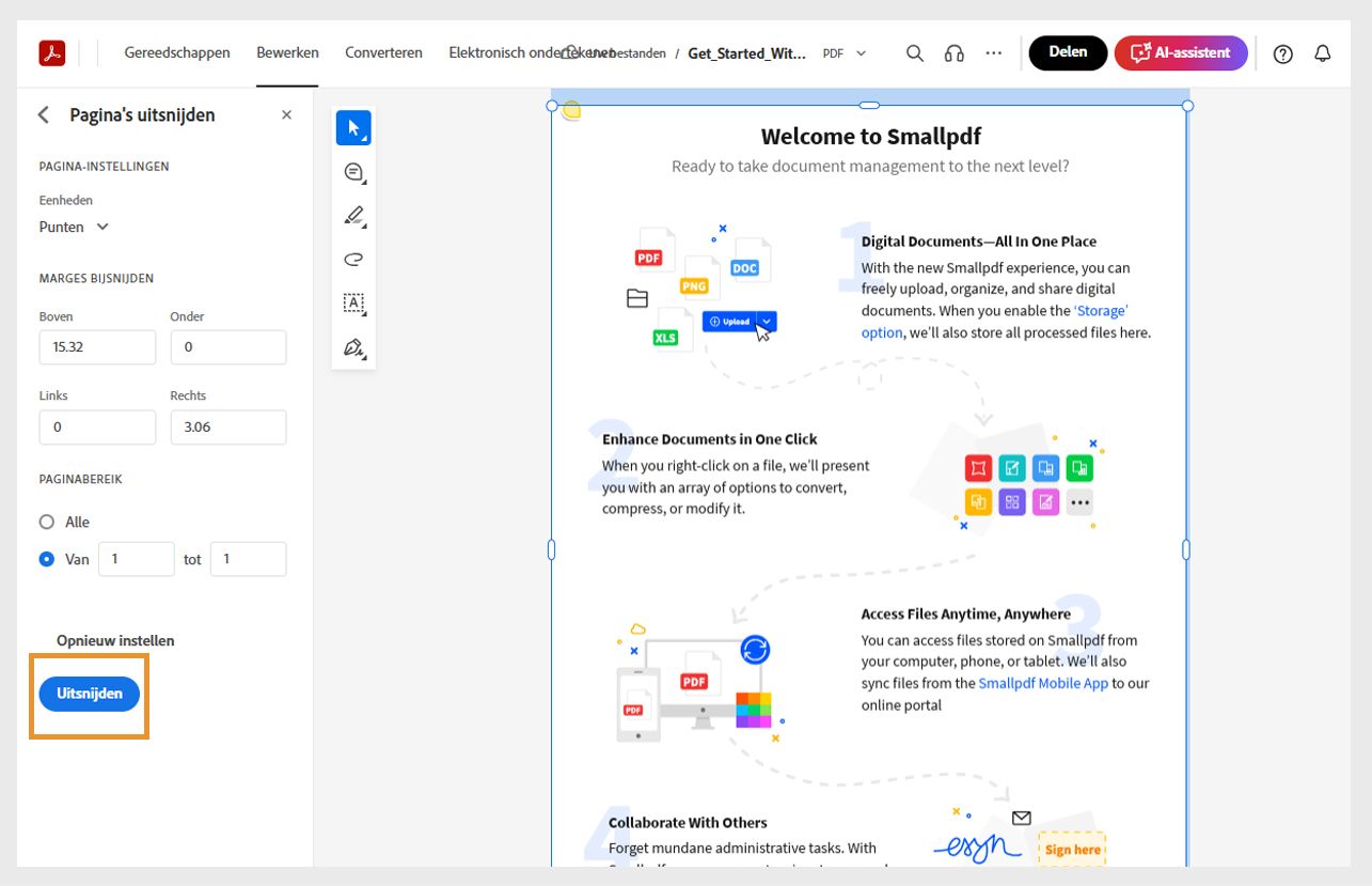 De bestandspagina's worden weergegeven met bijsnijdgrepen en tools voor bijsnijden in het linkedeelvenster. De knop Bijsnijden is gemarkeerd.