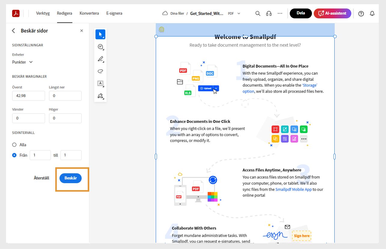 Filsidorna visas med beskärningshandtag och beskärningsverktyg i den vänstra panelen. Knappen Beskär är markerad.