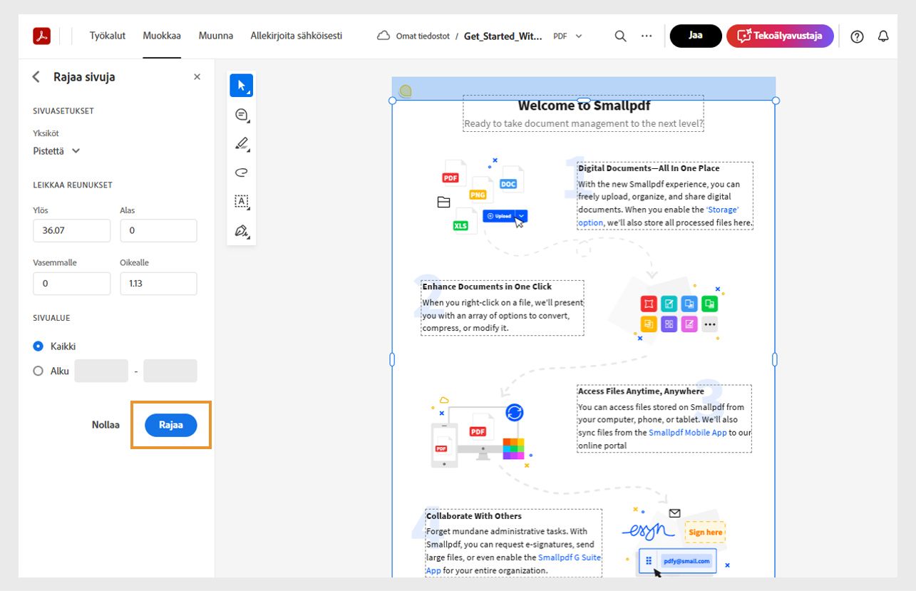 Tiedostosivut näkyvät rajauskahvoilla ja rajaustyökaluilla vasemmanpuoleisessa ruudussa. Rajaa-painike on korostettu.