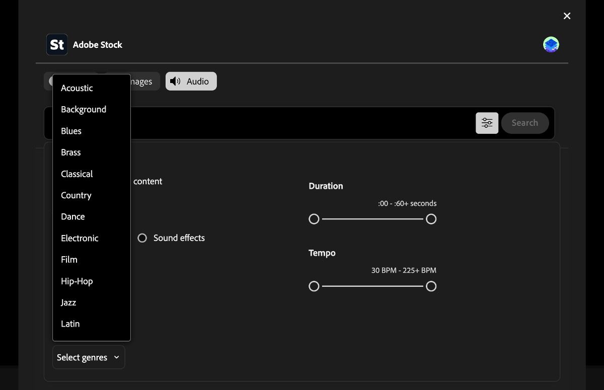 Окно фильтра для аудиоресурсов отображает расширенное меню жанров с такими опциями, как Акустика, Фон и Блюз.