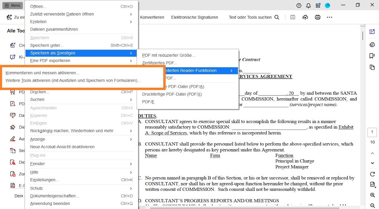 Die folgenden Optionen sind im Menü für Reader Extended PDF hervorgehoben: „Kommentieren und Messen aktivieren“ und „Weitere Werkzeuge aktivieren (einschließlich Formularausfüllen und -speichern)“.