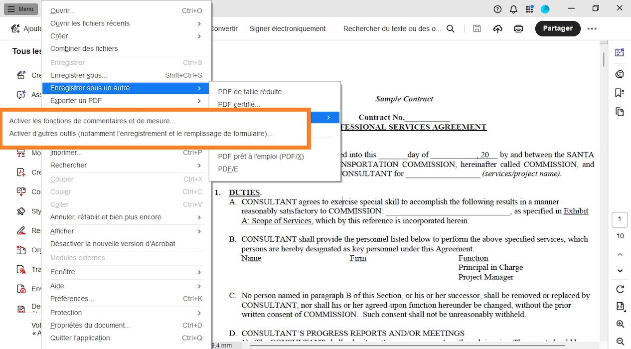 Les options suivantes sont mises en évidence dans le menu PDF étendu Reader : Activer les fonctions de commentaires et de mesure et Activer d’autres outils (notamment l’enregistrement et le remplissage de formulaire).