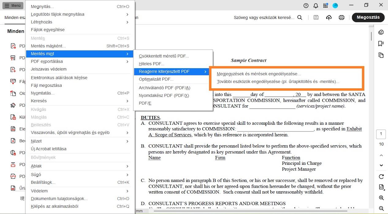A következő opciók vannak kiemelve a Reader Extended PDF menüben: Megjegyzések és mérés engedélyezése és További eszközök engedélyezése (beleértve az űrlap kitöltését és mentését).