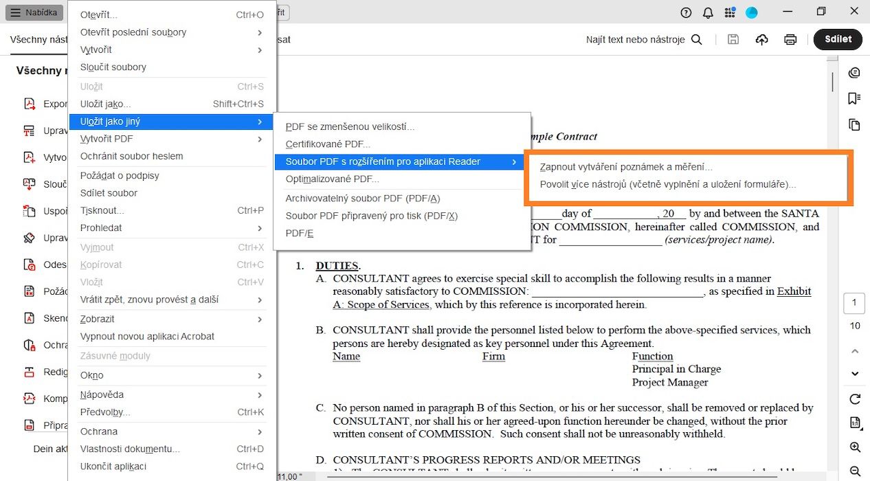V nabídce PDF s rozšířenými funkcemi pro aplikaci Reader jsou zvýrazněny následující možnosti: Povolit komentování a měření a Povolit další nástroje (včetně vyplňování a ukládání formulářů).