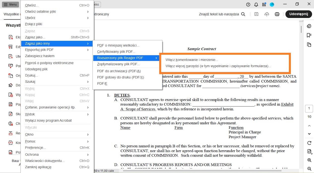 W menu rozszerzonego pliku PDF Reader podświetlone są następujące opcje: Włącz komentowanie i mierzenie oraz Włącz więcej narzędzi (w tym wypełnianie i zapisywanie formularzy).
