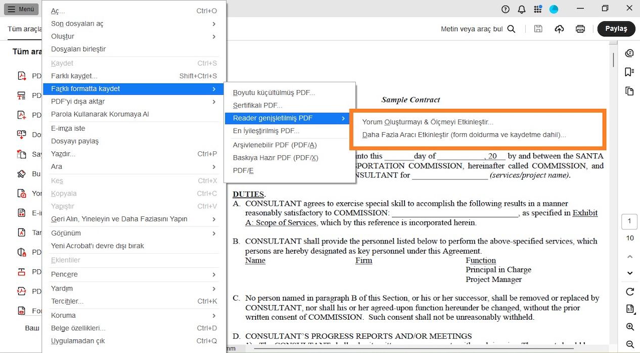 Reader'a genişletilmiş PDF menüsü altında aşağıdaki seçenekler vurgulanır: Yorum Yapma ve Ölçme Özelliğini Etkinleştir ve Daha Fazla Aracı Etkinleştir (form doldurma ve kaydetme dahil).