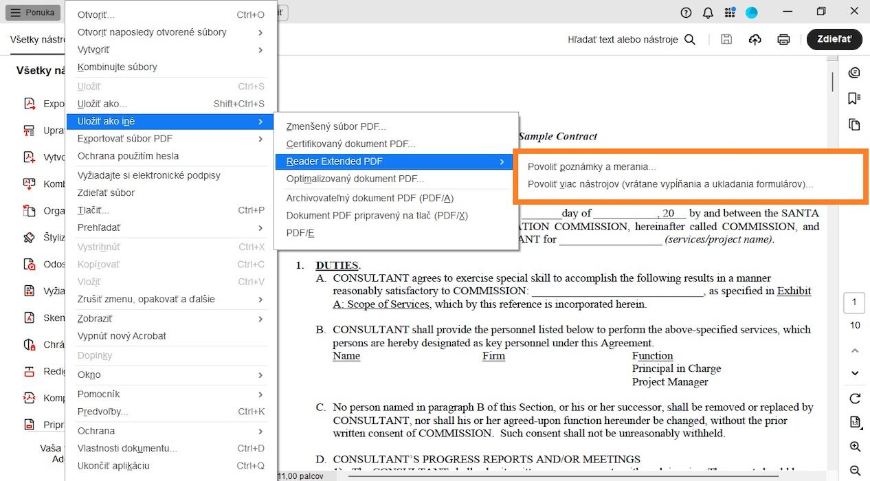V ponuke PDF s rozšírenými možnosťami pre Reader sú zvýraznené nasledujúce možnosti: Povoliť komentovanie a meranie a Povoliť ďalšie nástroje (vrátane vypĺňania a ukladania formulárov).
