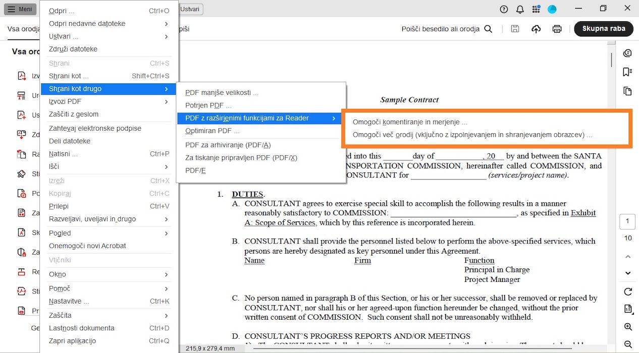 V meniju za razširjeni PDF za Reader so označene naslednje možnosti: Omogoči komentiranje in merjenje ter Omogoči več orodij (vključno z izpolnjevanjem in shranjevanjem obrazcev).