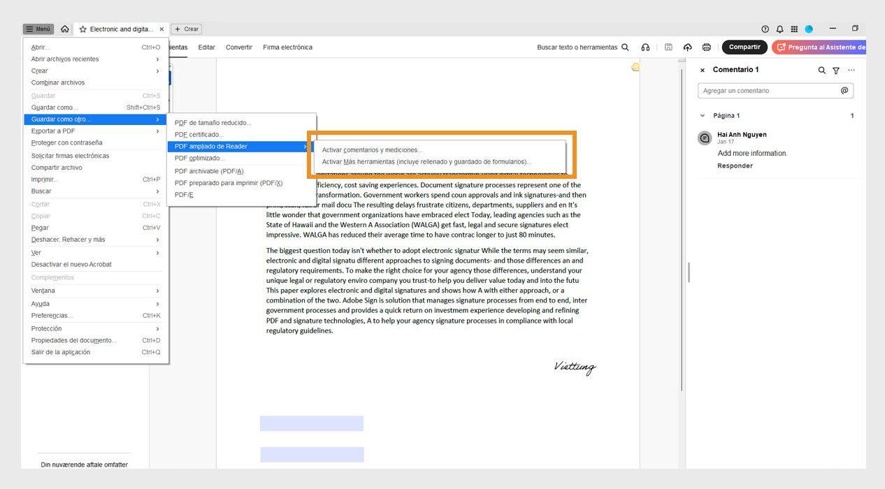 Las siguientes opciones están resaltadas en el menú de PDF con extensiones de Reader: Habilitar comentarios y medición y Habilitar más herramientas (incluye rellenado y guardado de formularios).