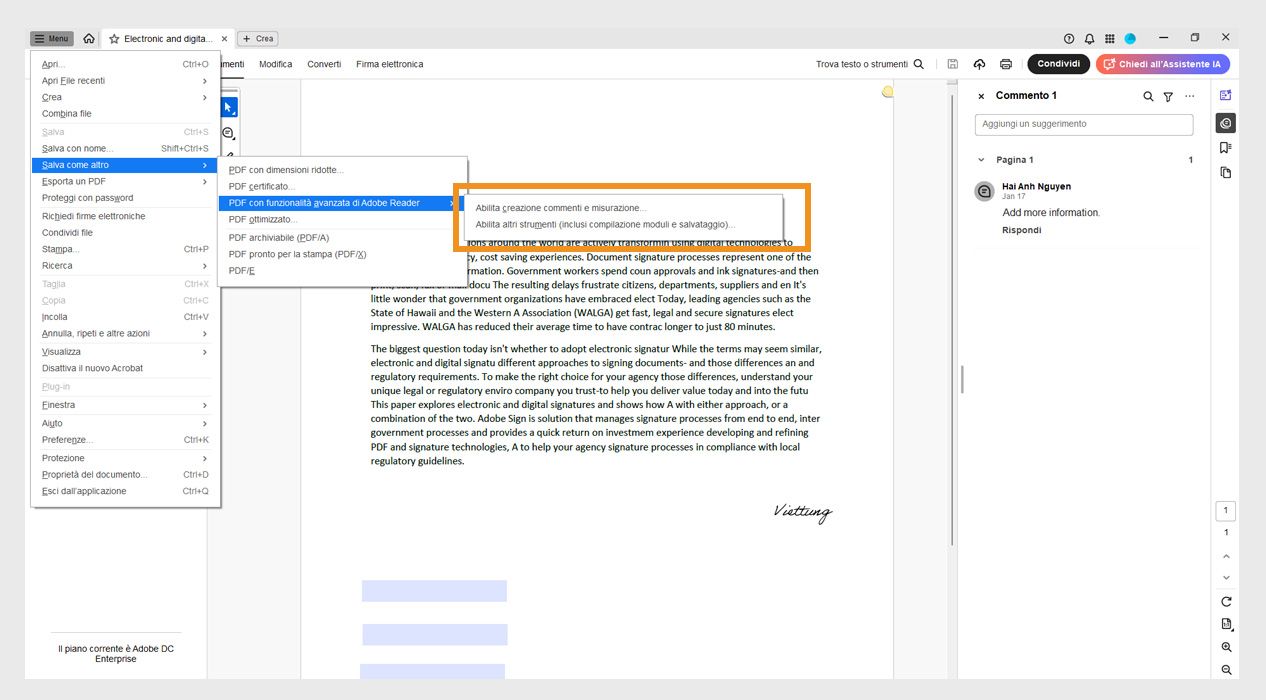 Le seguenti opzioni sono evidenziate nel menu PDF con estensione Reader: Abilita commenti e misurazione e Abilita altri strumenti (include compilazione e salvataggio dei moduli).