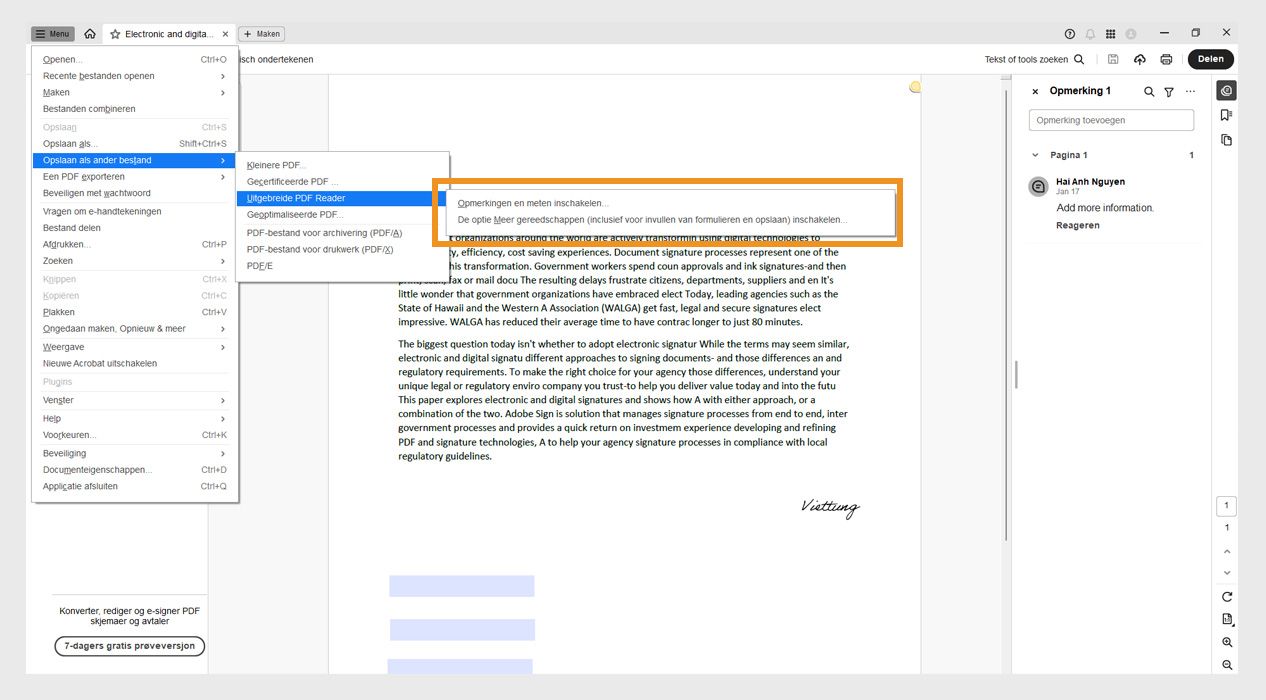 De volgende opties zijn gemarkeerd in het menu Reader Extended PDF: Opmerkingen en meten inschakelen en Meer tools inschakelen (inclusief formulier invullen en opslaan).