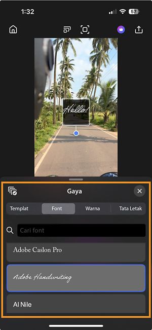 Layar pemilihan font terbuka, menampilkan daftar font dan kotak pencarian di bagian atas untuk menemukan font tertentu.