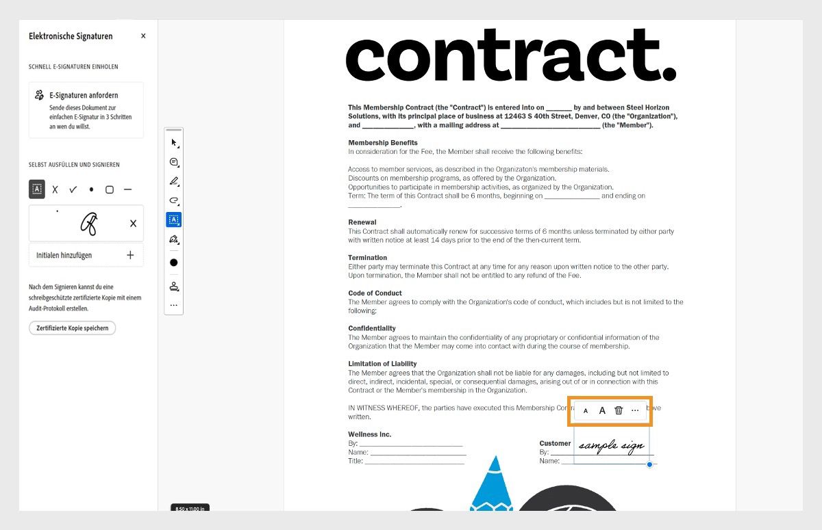 Die Schriftgrad-Optionen sind hervorgehoben und zeigen, wo ein Anwender den Schriftgrad eines Textfelds anpassen oder den Text löschen kann, indem er das größere oder kleinere A oder das Papierkorb-Symbol auswählt.