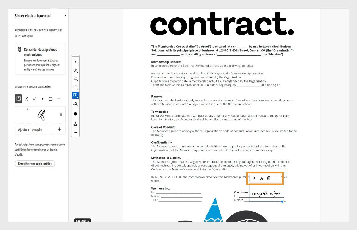 Les options de taille de police sont mises en évidence. L’utilisateur peut ainsi modifier la taille de police d’un champ de texte en sélectionnant le grand A ou le petit A, ou supprimer le texte en sélectionnant l’icône de la corbeille.