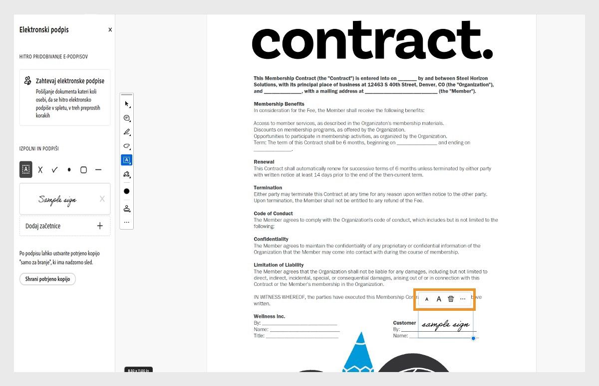 Možnosti velikosti pisave so označene in prikazujejo, kje lahko uporabnik prilagodi velikost pisave polja z besedilom ali izbriše besedilo z izbiro manjšega ali večjega A ali ikone koša.