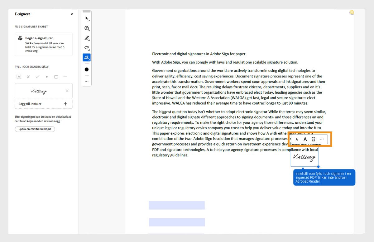 Alternativen för teckenstorlek är markerade och visar var en användare kan justera textstorleken i ett textfält eller ta bort texten genom att välja det mindre eller större A:et eller papperskorgssymbolen.