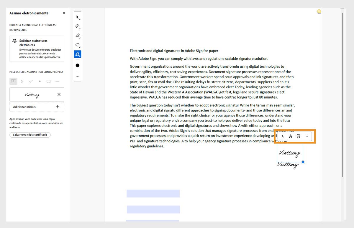 As opções de tamanho da fonte estão destacadas, mostrando onde um usuário pode ajustar o tamanho da fonte de um campo de texto ou excluir o texto selecionando o ícone A maior ou menor ou o ícone da lixeira.