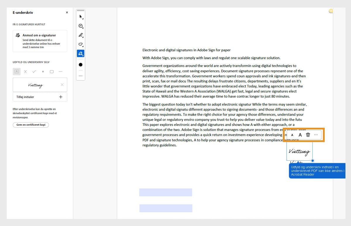 Indstillingerne for skriftstørrelse er fremhævet og viser, hvor en bruger kan justere skriftstørrelsen i et tekstfelt eller slette teksten ved at vælge det mindre eller større A eller papirkurvsikonet.