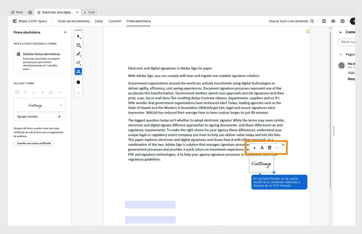 Se resaltan las opciones de tamaño de fuente, mostrando dónde un usuario puede ajustar el tamaño de fuente de un campo de texto o eliminar el texto seleccionando la A más pequeña o más grande o el icono de papelera.