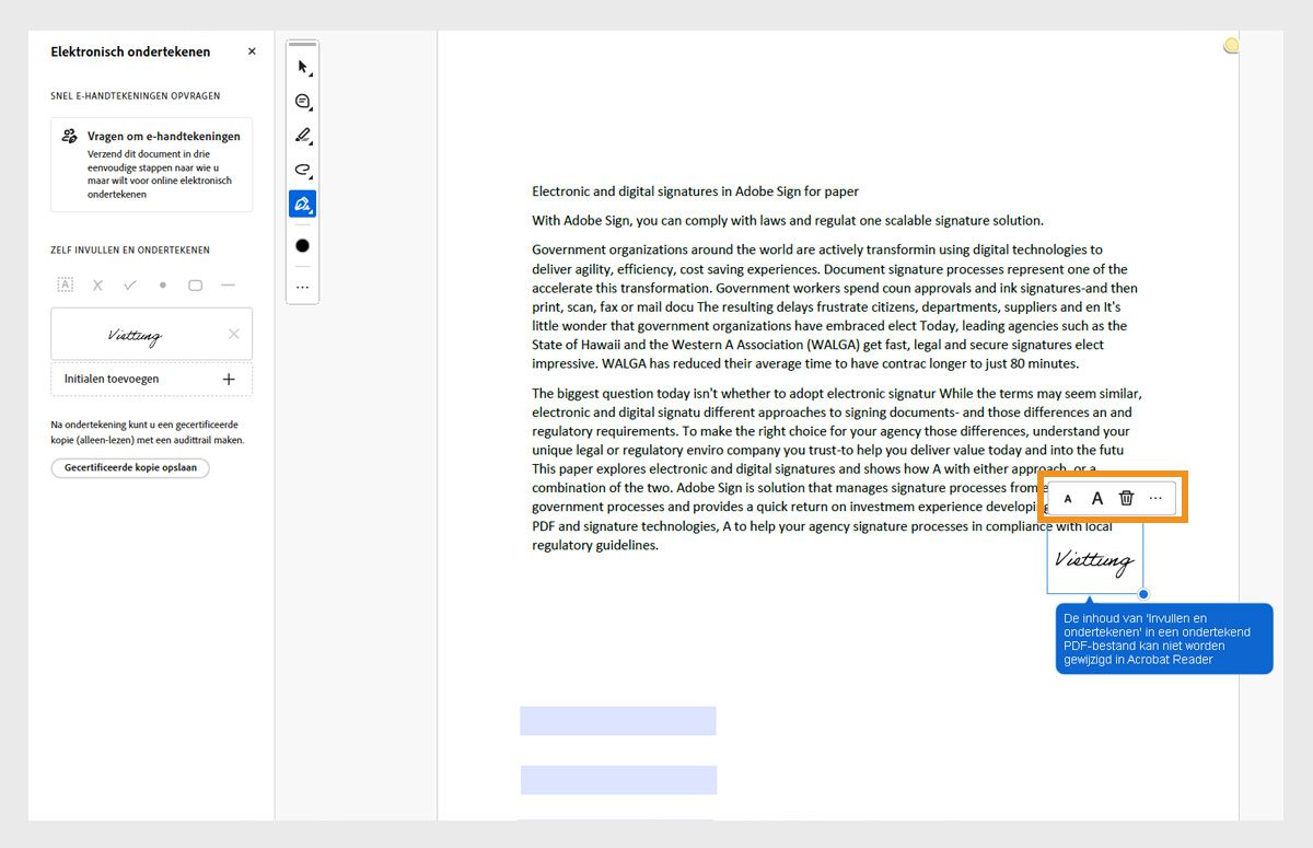 De opties voor de lettergrootte zijn gemarkeerd. Zo ziet u waar u de lettergrootte van een tekstveld kunt aanpassen of tekst kunt verwijderen door op het kleinere of grotere A- of prullenbakpictogram te klikken.
