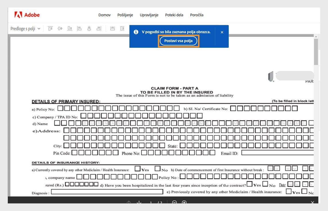 Polja obrazca v dokumentu so samodejno zaznana in sporočilo z možnostjo Postavi vsa polja je označeno.