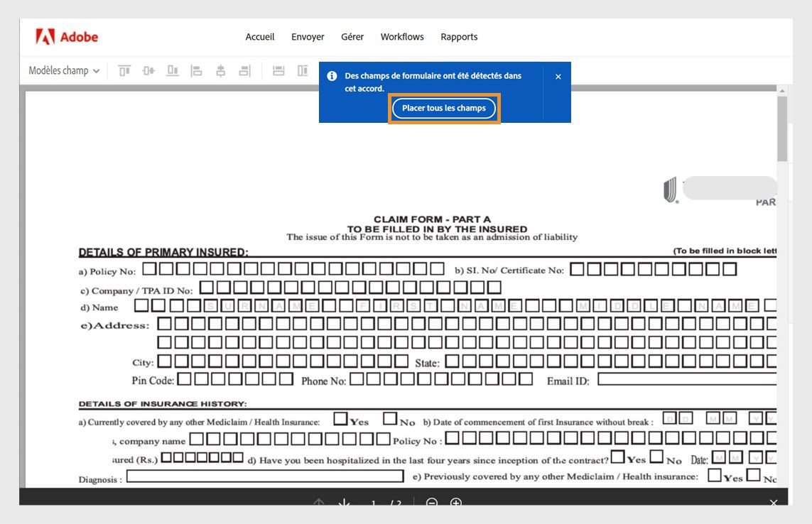 Les champs de formulaire du document sont automatiquement détectés et un message contenant une option permettant de placer tous les champs est mis en surbrillance.